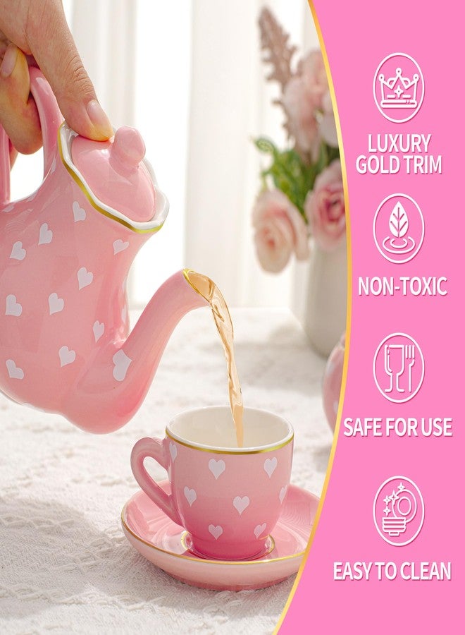 TUZT Tea Party Set for Little Girls Ages 3-8, Pink Heart Porcelain Tea Set with Gold Trim Edges, Princess Tea Time Toy Includes Pot & Cups & Saucers & Suitcase, Birthday Gifts for Toddlers Girls - Image 3